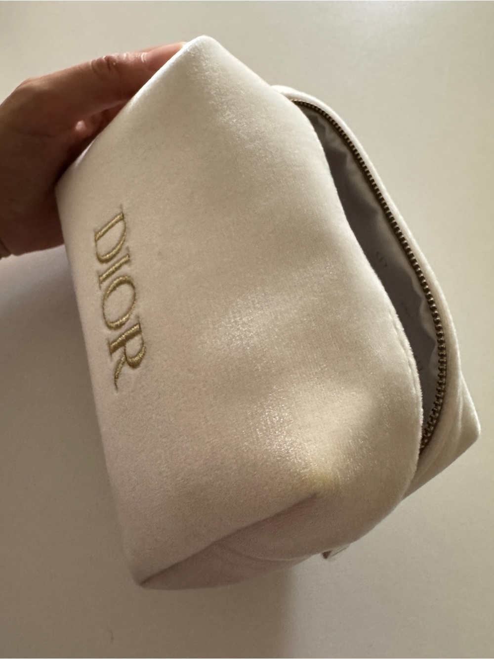 Dior Cream Velvet Cosmetic Pouch with Gold Embroidered Logo
